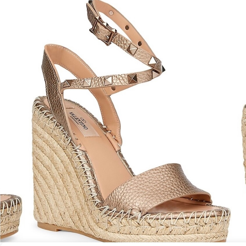 Valentino Garavani Rockstud Metallic
Leather Espadrille Wedges.